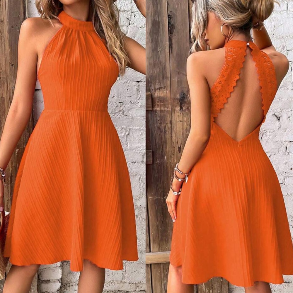Boho lace panel open back halter dress